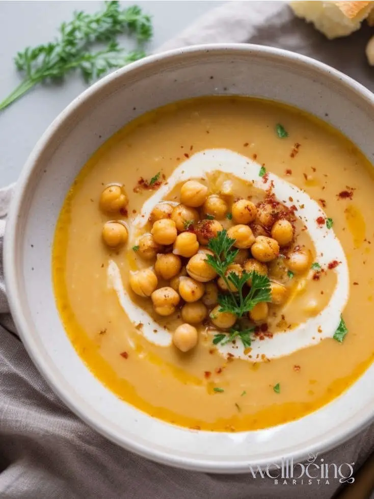 Creamy zucchini and sweet potato soup with chickpeas, yoghurt, and fresh herbs.