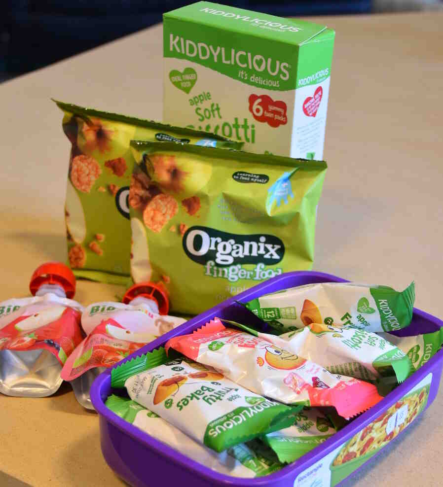Store-bought snacks for kids including biscuits and fruit juices