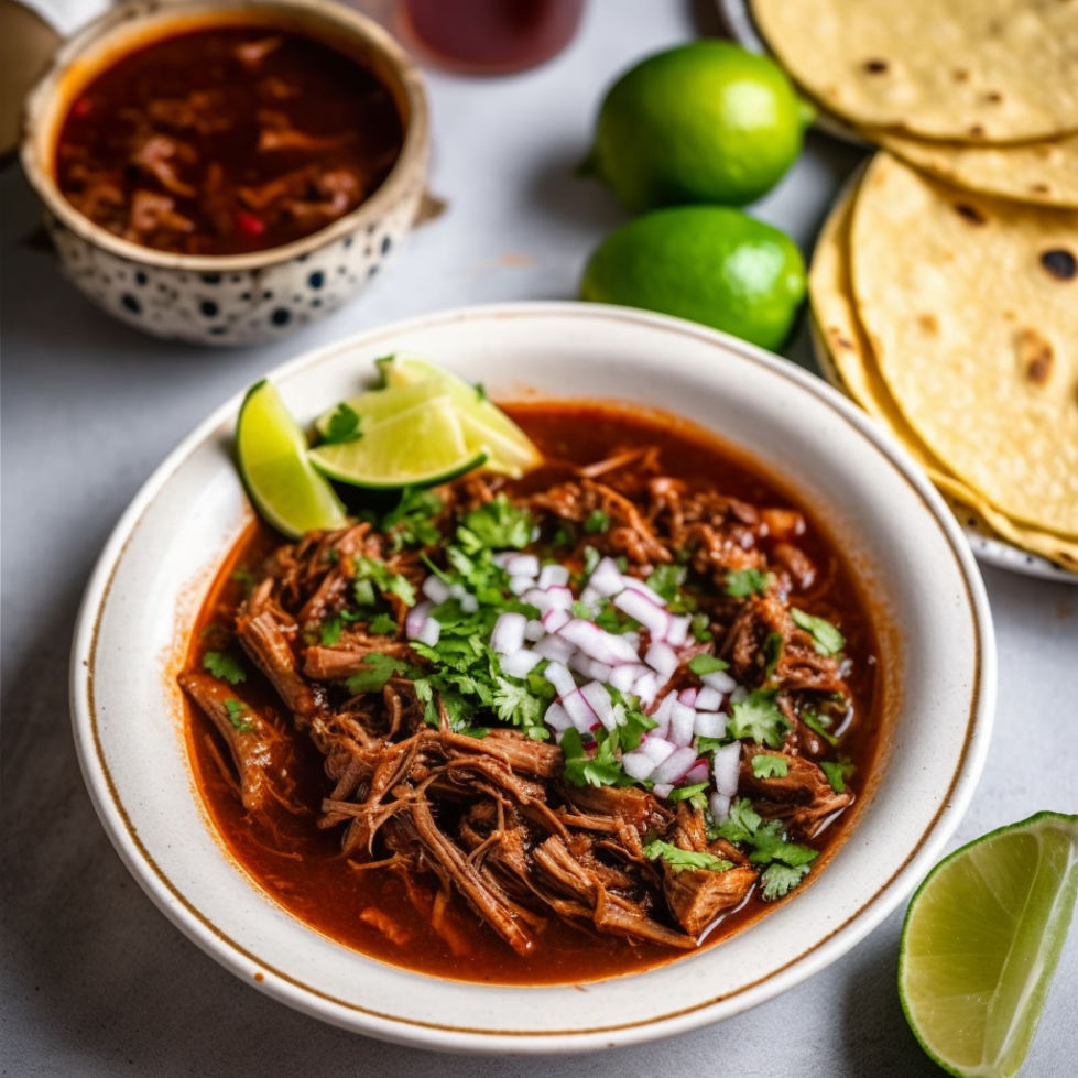 birria de res sauce with tacos on the side