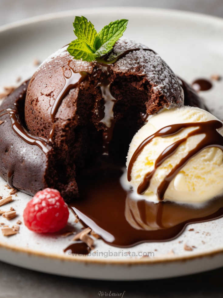 chocolate tortino with melted chocolate and served with ice cream and rapsberries