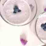 Two berry smoothies with blueberries on top and paleonopsis petals spread on the table