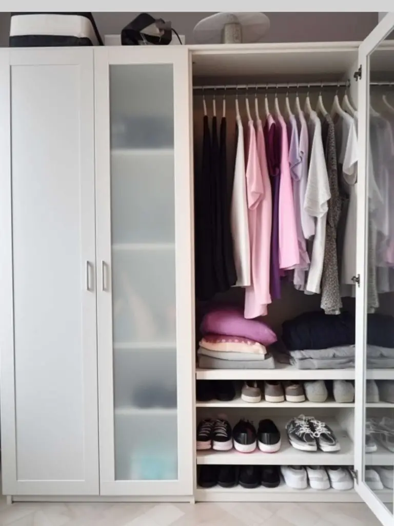 organized clothes and shoes in the wardrobe