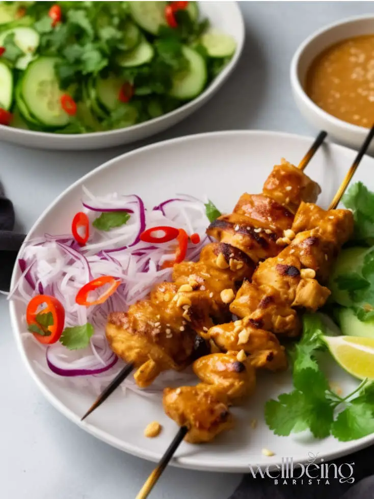 chicken skewers with satay dipping sauce and cucumber salad