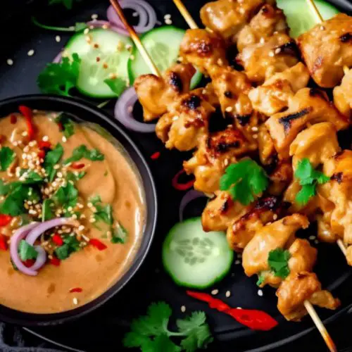 chicken skewers with satay dipping sauce