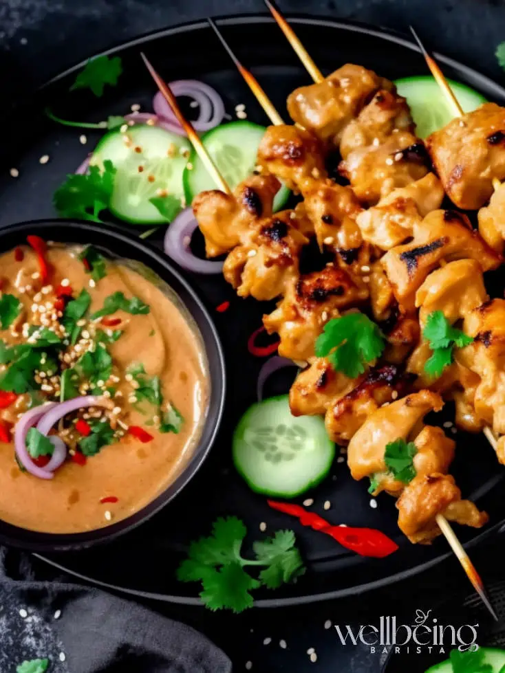 chicken skewers with satay dipping sauce