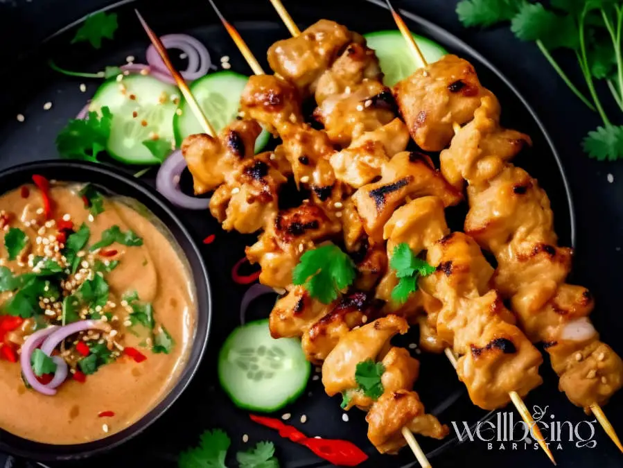 chicken skewers with satay dipping sauce