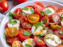 tomato mozzarella salad with olive oil, basil, oregano dressing.