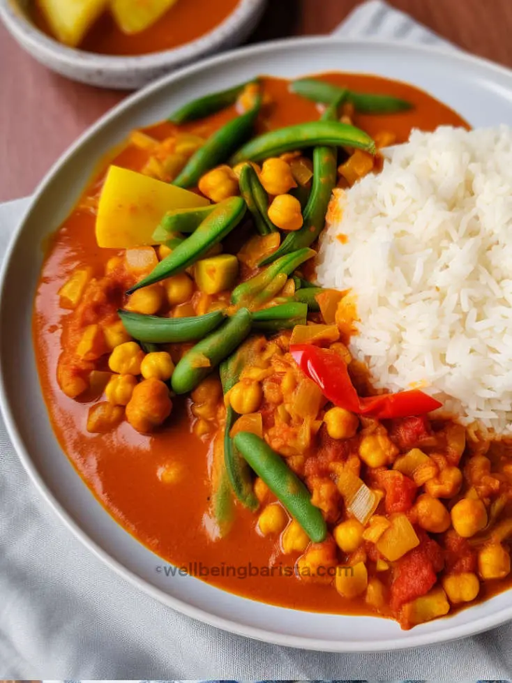 chickpea jalfrezi with red capsicum, green beans and a side of white rice.