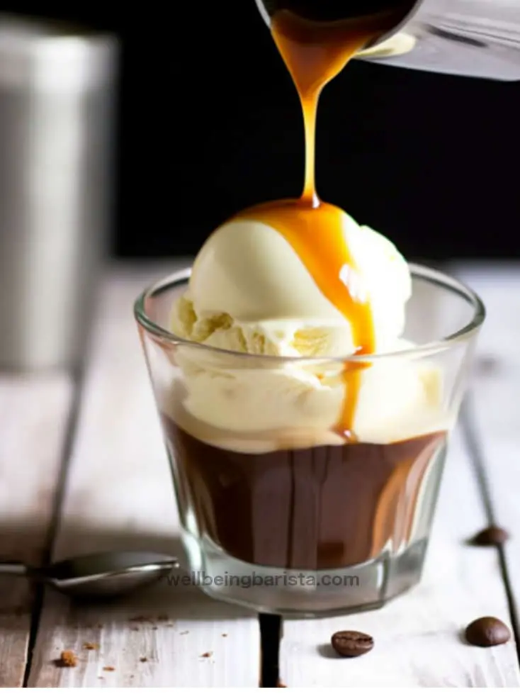 Pouring coffee on a small glass cup with vanilla ice cream