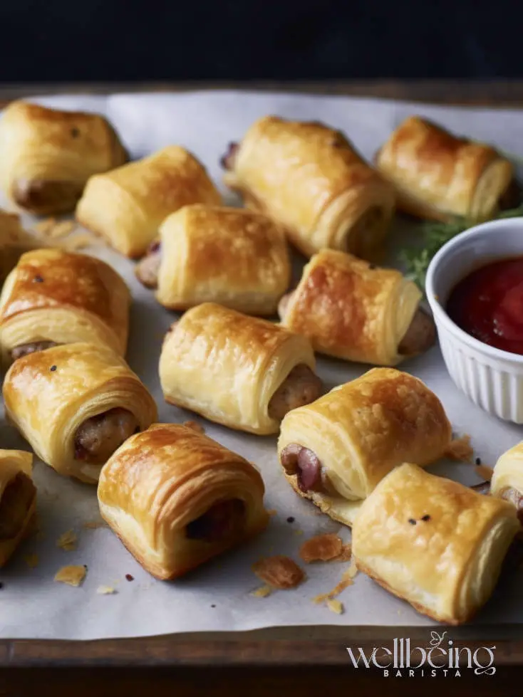 mini British sausage rolls with sausage meat and puff pastry served with ketchup.