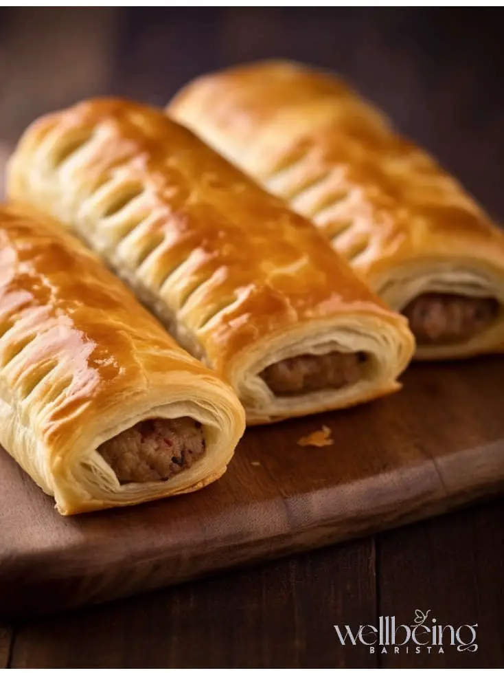 large British sausage rolls with sausage meat and puff pastry