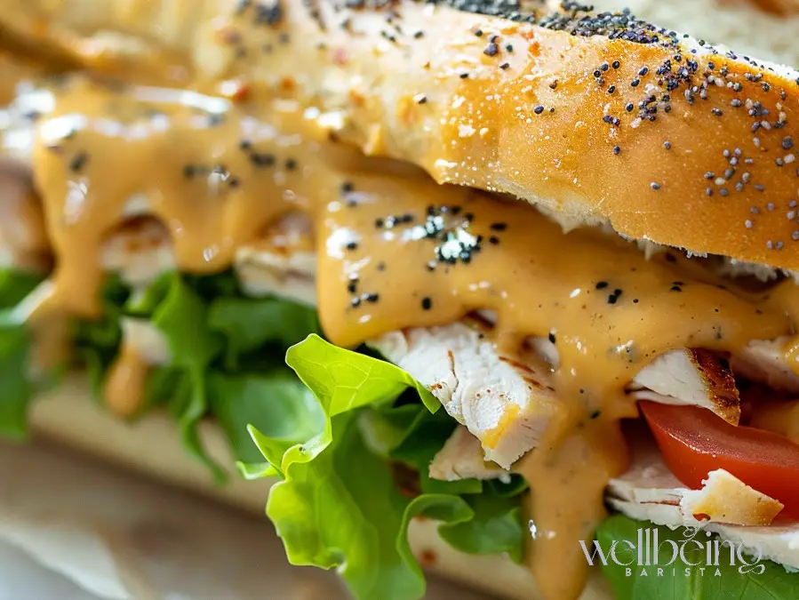 homemade sweet onion sauce, glossy and golden, drizzling over a fresh Subway-style sandwich. The sauce has a smooth, velvety texture with tiny specks of onion flakes and poppy seeds. Shot on a marble countertop with natural lighting, fresh lettuce, tomatoes, and turkey visible in the sandwich.