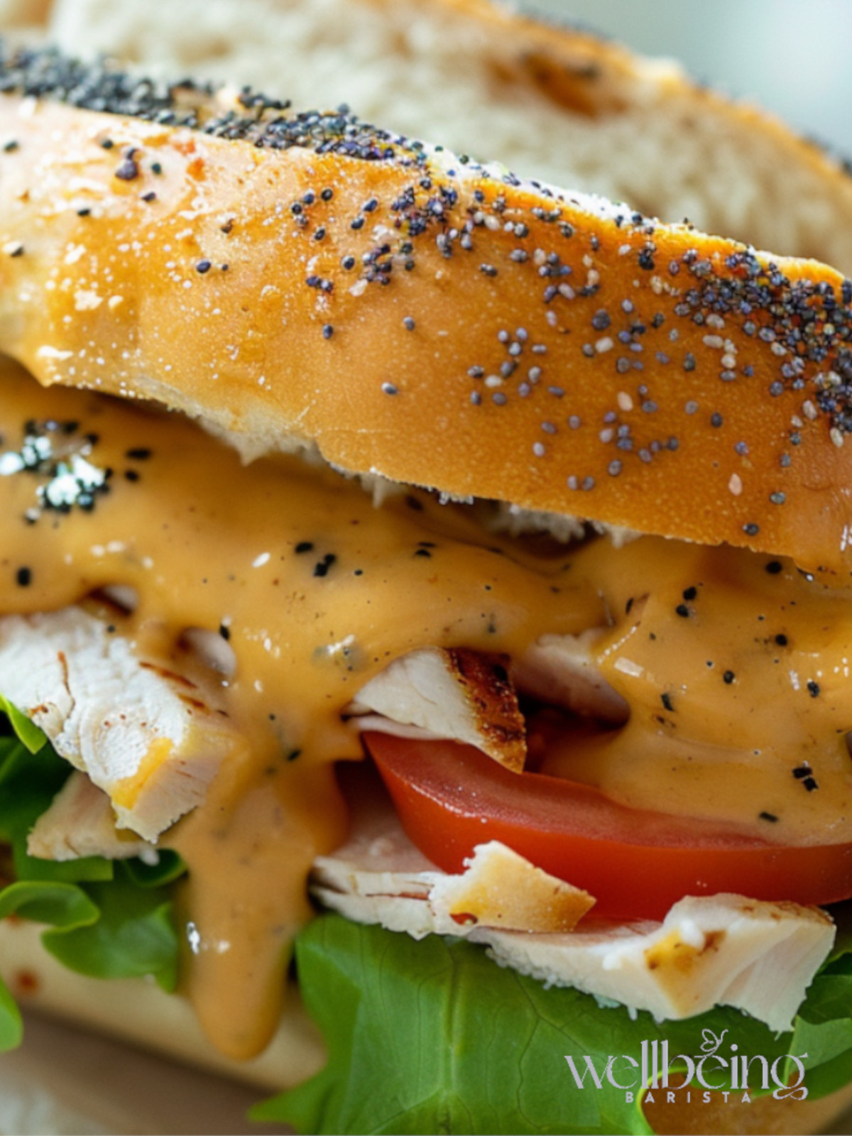 homemade sweet onion sauce, glossy and golden, drizzling over a fresh Subway-style sandwich. The sauce has a smooth, velvety texture with tiny specks of onion flakes and poppy seeds. Shot on a marble countertop with natural lighting, fresh lettuce, tomatoes, and turkey visible in the sandwich.