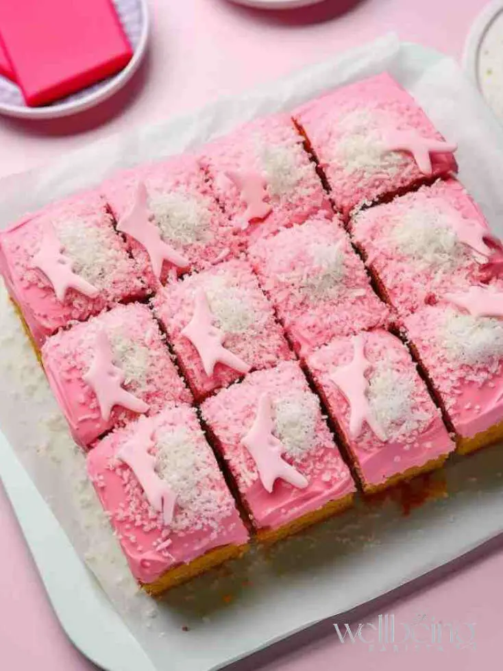 Mary Berry's Tottenham Cake with pink icing and coconut topping on a white plate