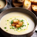 mary berry celeriac soup with bacon rashers, croutons, poppy seeds and watercress on top.