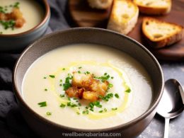 mary berry celeriac soup with bacon rashers, croutons, poppy seeds and watercress on top.