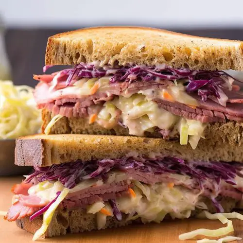 salted beef sandwich with corned beef, cabbage slow, swiss cheese and honey mustard dressing