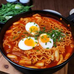 Rabokki with boiled eggs, fish cakes and rice cakes drowned in spicy red sauce.