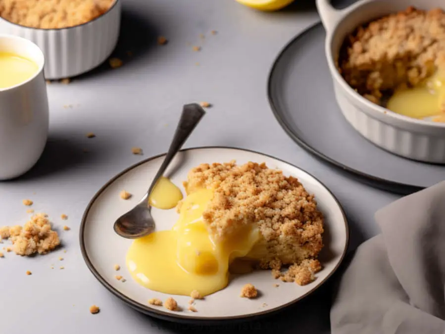 apple crumble served on a plate with lemon curd