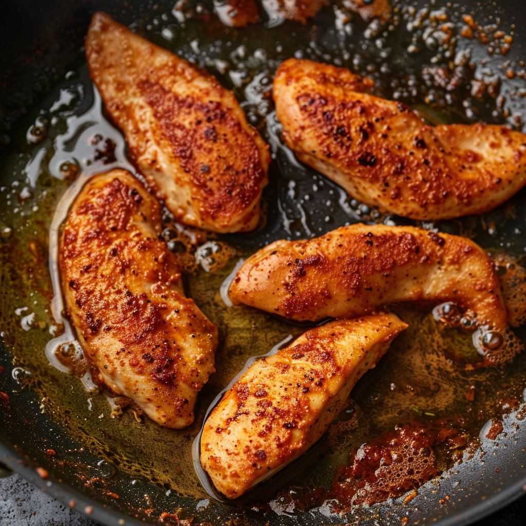 Golden brown chicken strips cooking in a frying pan with olive oil and paprika.