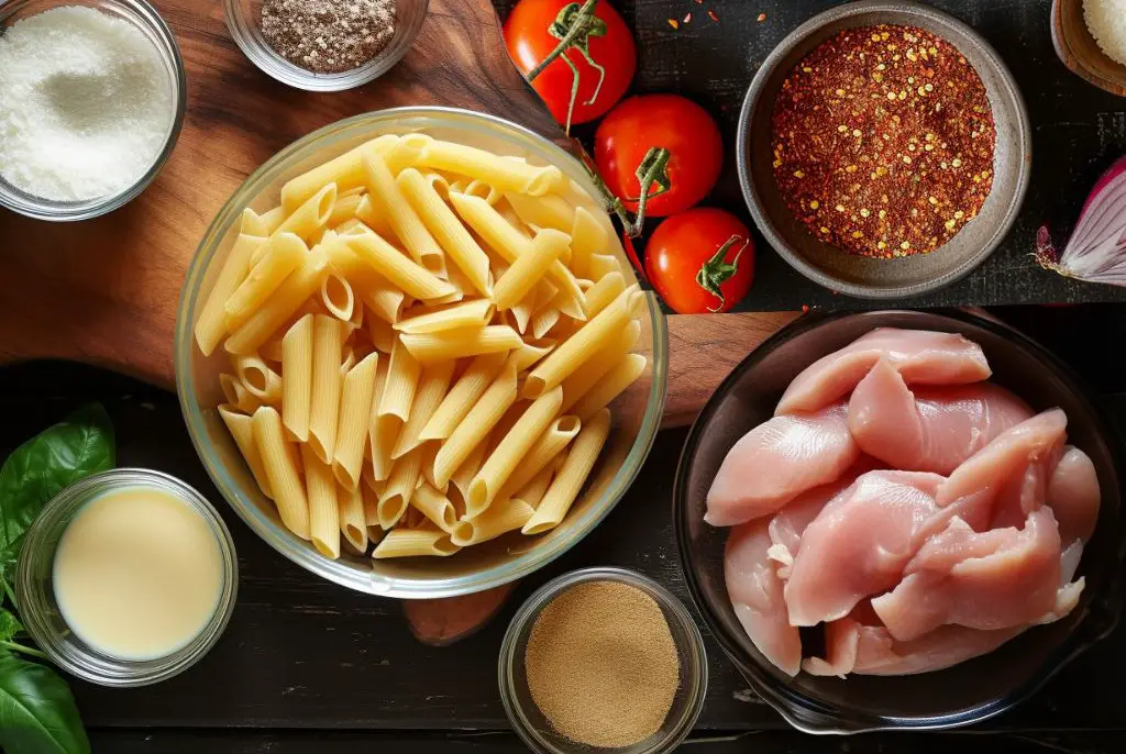 Top-down view of ingredients for Mary Berry Chicken Pasta Bake: raw chicken strips, penne pasta, Parmesan cheese, tomatoes, onion, and paprika on a wooden board.