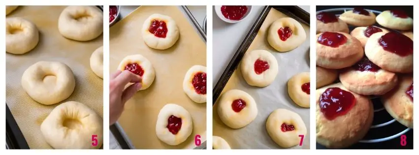 Steps 5-8: Shaping dough into balls, filling with raspberry jam, baking until golden, and serving dusted with icing sugar.