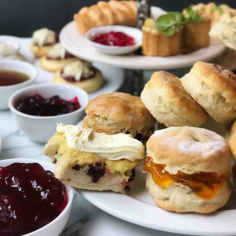scones served with clotted cream and jam.