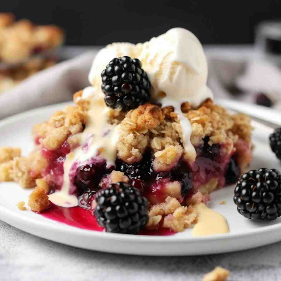 portion apple and blackberry crumble served with cream
