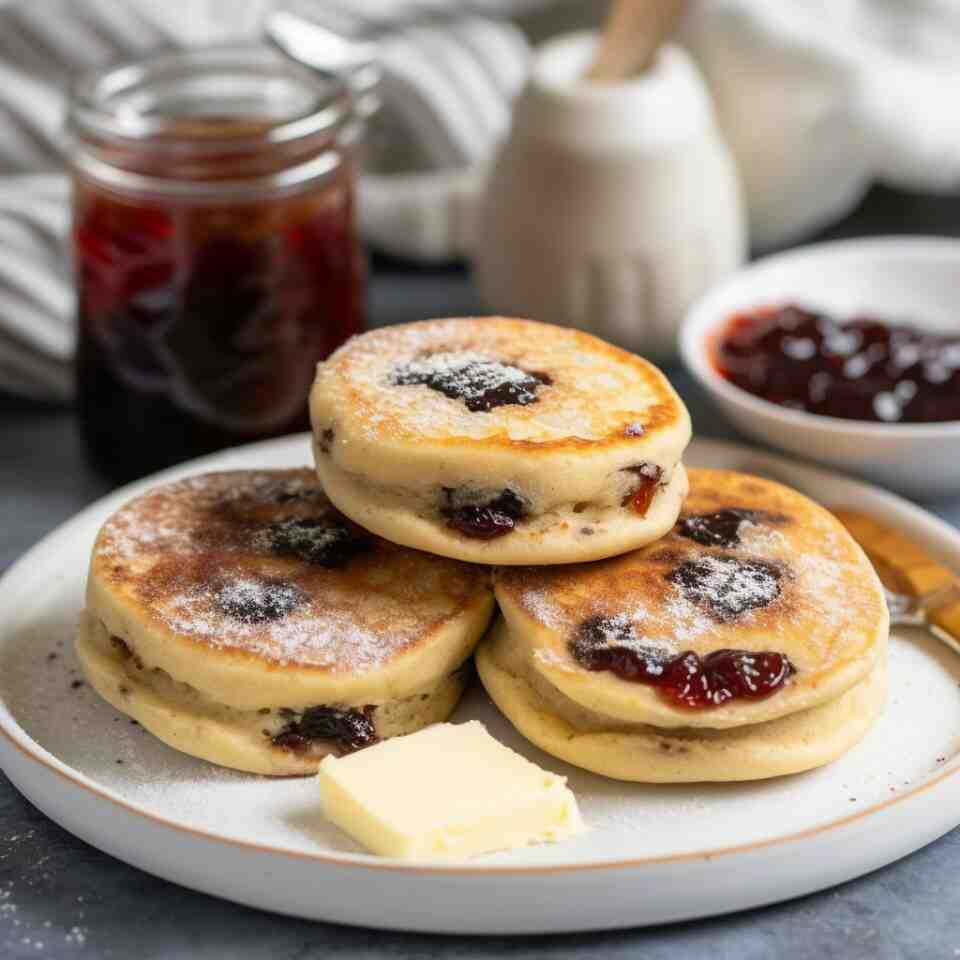welsh cakes served on a white plate with jam and butter on the side