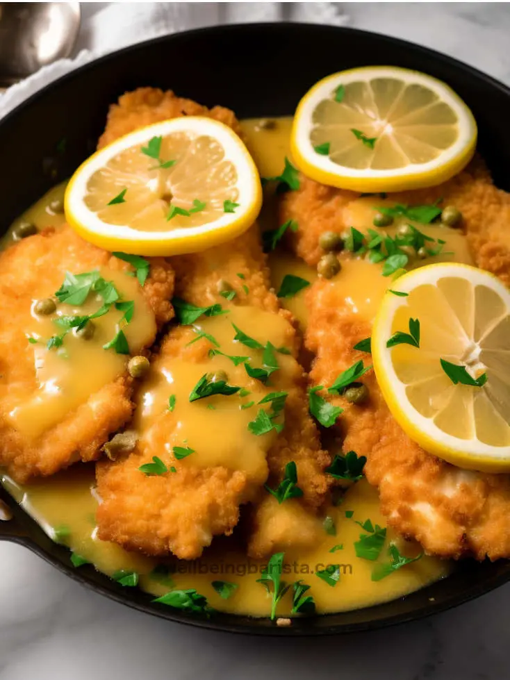 ina garten's chicken piccata pan seared in a pan and presented with lemon slices and chopped parsley