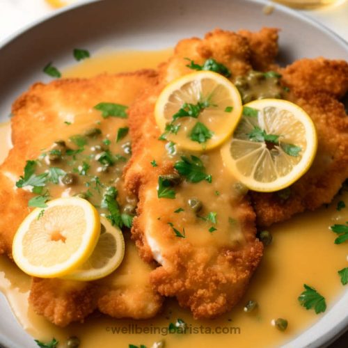 chicken piccata with a vibrant yellow lemon sauce and lemon slices served on a plate