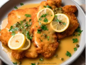chicken piccata with a vibrant yellow lemon sauce and lemon slices served on a plate