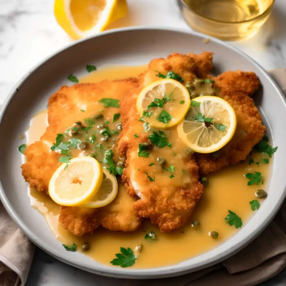 ina garten's chicken piccata served with lemon slices the lemon wine sauce, crushed parsley and a glass of white wine