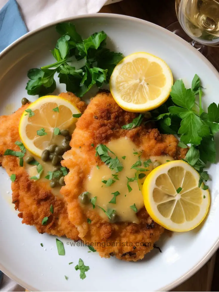ina garten's chicken piccata served with lemon slices the lemon wine sauce, crushed parsley and a glass of white wine