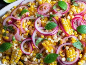 Ina garten corn salad with corn kernels, red onion thinly sliced into rings and basil leaves to garnish