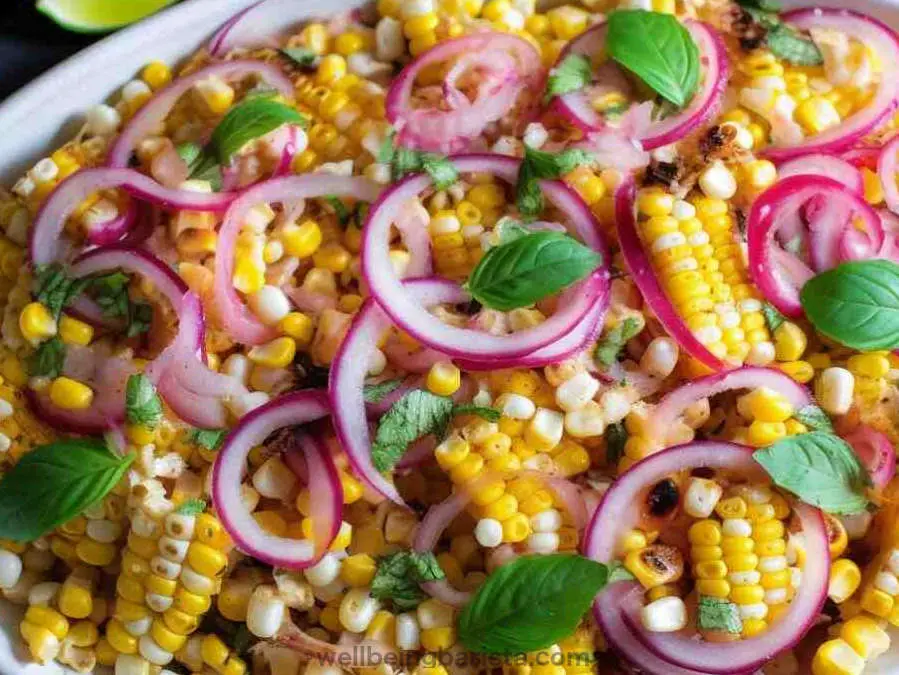 Ina garten corn salad with corn kernels, red onion thinly sliced into rings and basil leaves to garnish