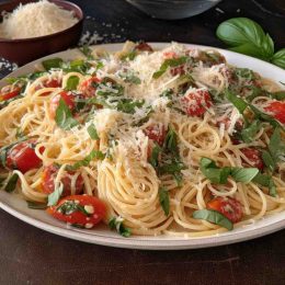 angel hair summer pasta salad with tomatoes, basil and parmesan cheese