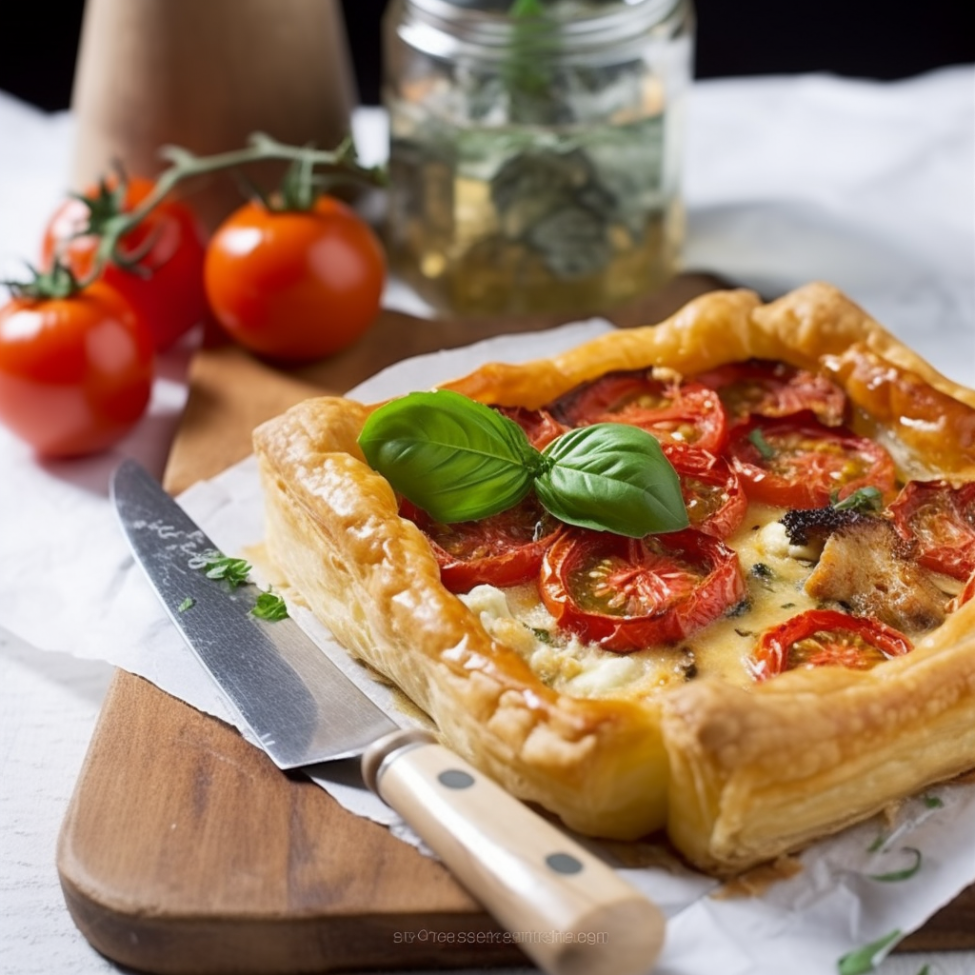 A puff pastry tomato tart with goat cheese, parmesan shavings and basil leaves.