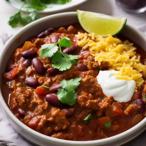 beef chilli with mango chutney served with cheese and cream.