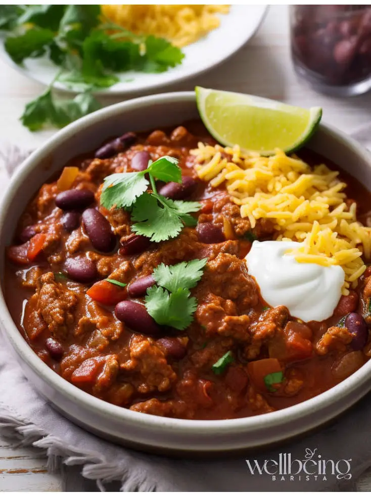 beef chilli with mango chutney served with cheese and cream.