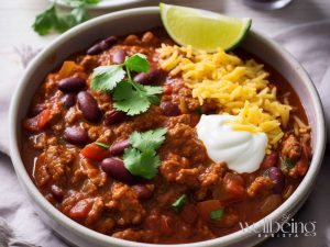 beef chilli with mango chutney served with cheese and cream.