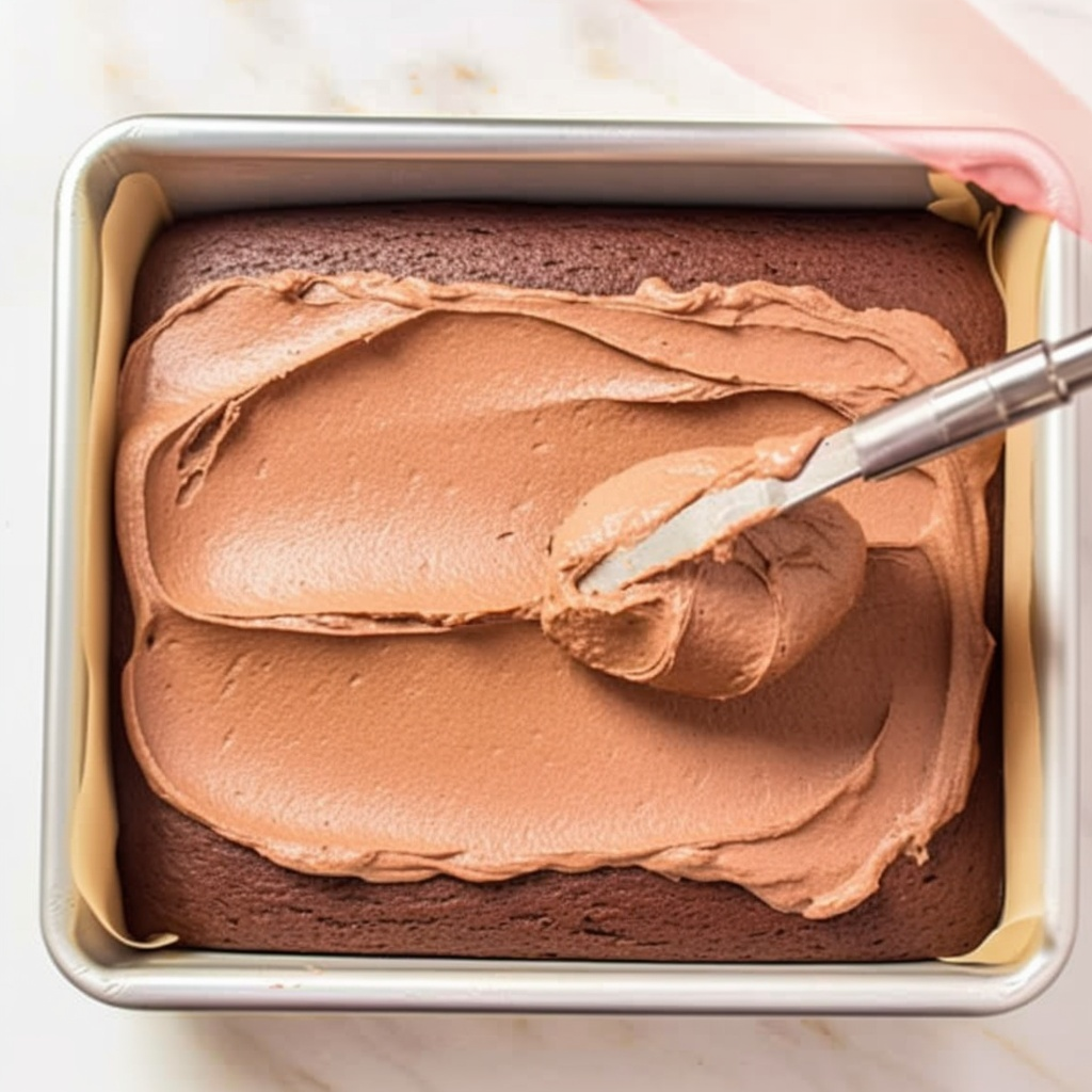 Warm fudge sauce being poured over the chocolate cake.