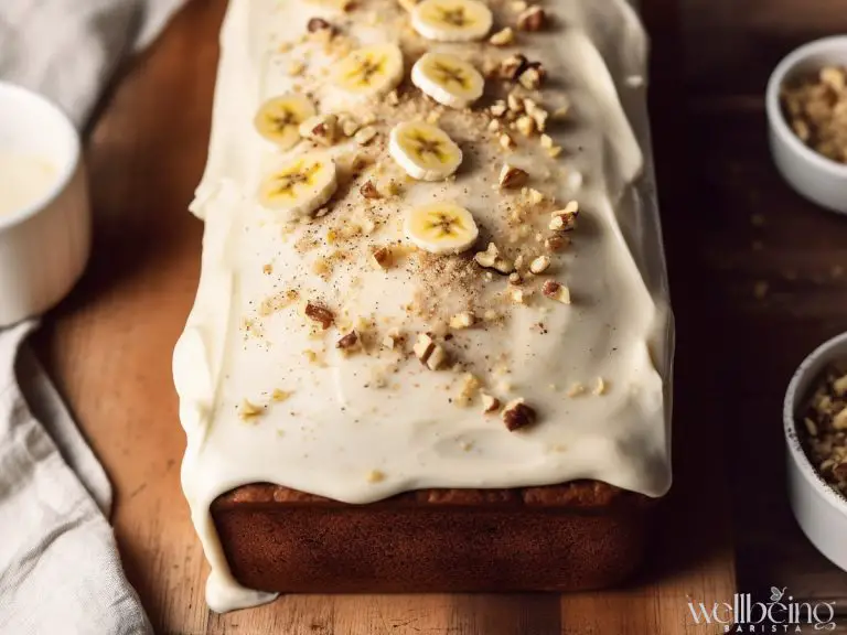 Mary Berry banana laof cake with cream cheese icing and topped with cinnamon and slices of bananas