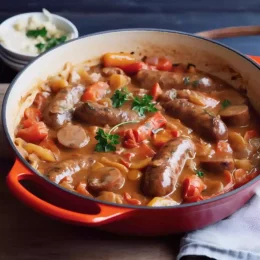 mary berry sausage casserole with carrot and red peppers and sliced potaoes