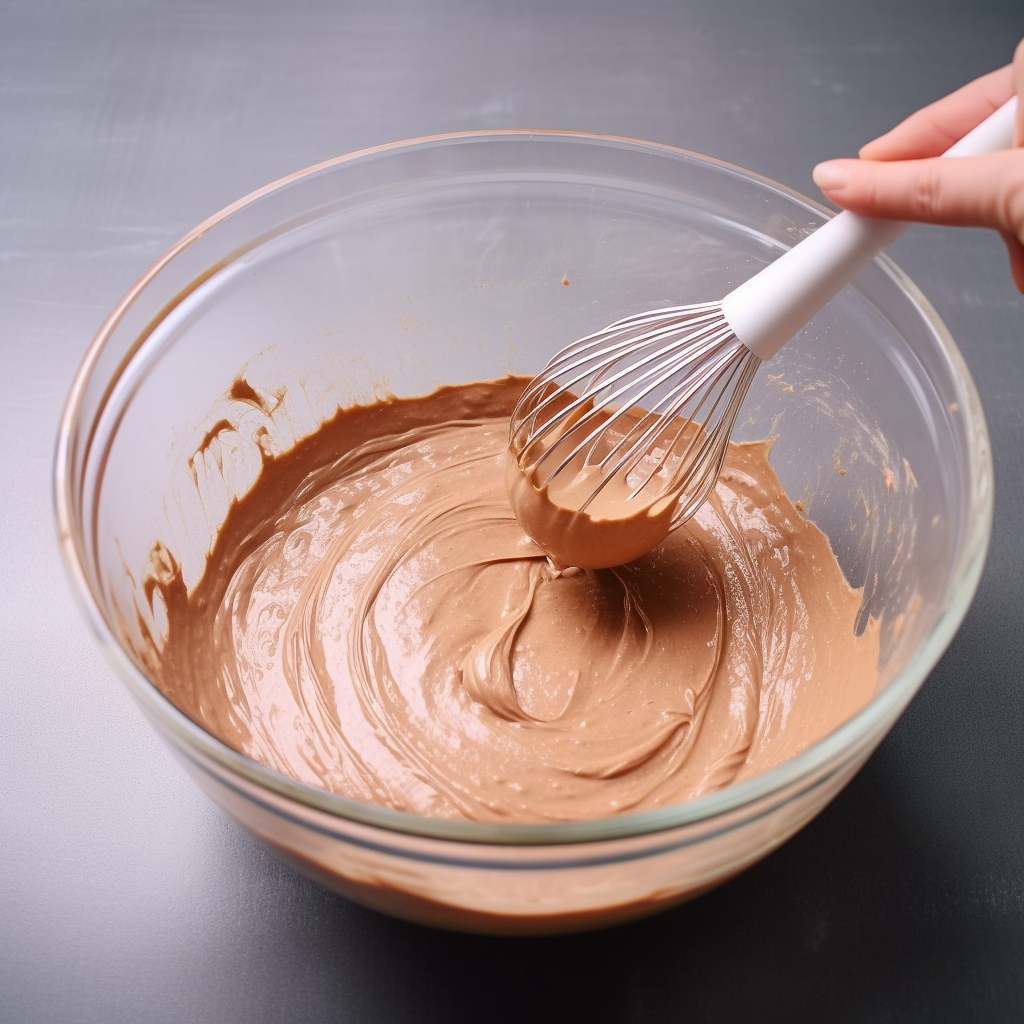 A person's hand holding a whisk gently mixing the thick, dark chocolate batter in a large glass bowl. The batter looks glossy and rich, with the dry ingredients just disappearing. 