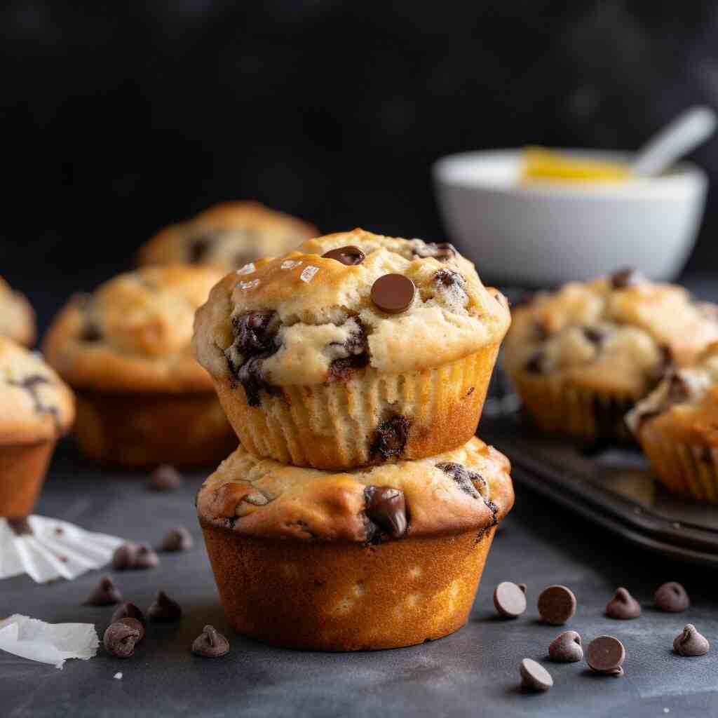 A batch of banana muffins with chocolate chips is displayed with two muffins one top of each other and chocolate chips scattered on the table.