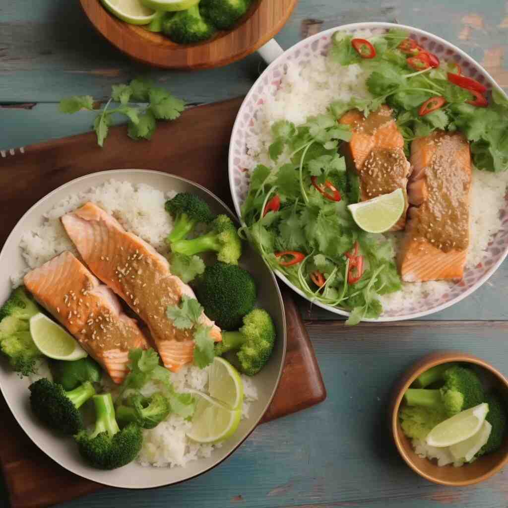 Jamie Oliver Miso Salmon served on a bed of rice with veggies, lime and coriander