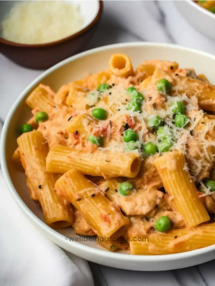 Creamy chicken rigatoni pasta in a combination of marinara and Alfredo sauce with peas, red pepper flakes and parmesan cheese.