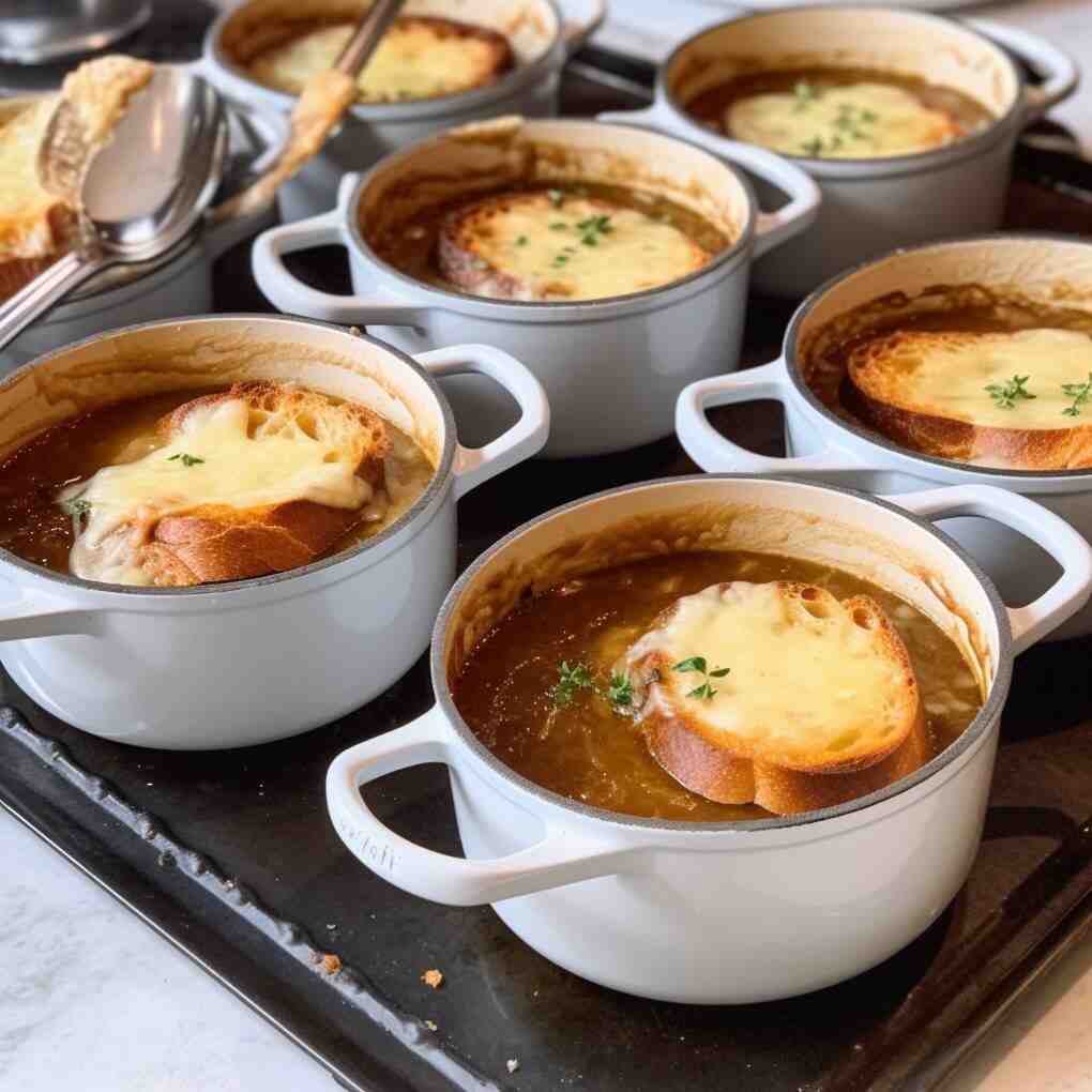 french onion soup in individual pots