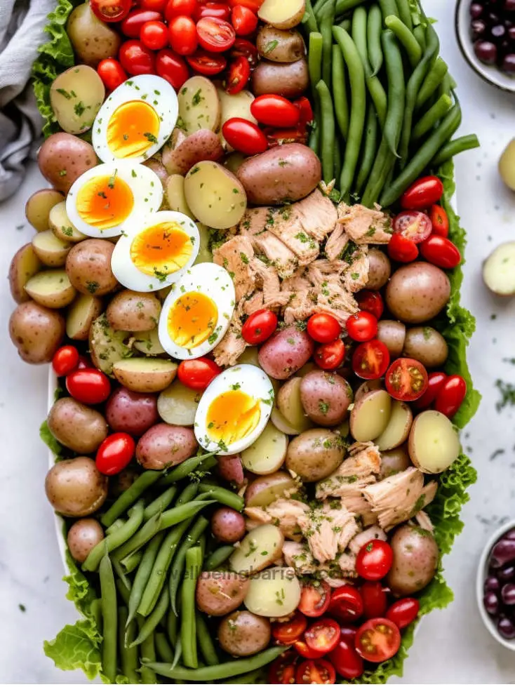 A big platter of Salad Nicoise with green beans, halved potatoes, cherry tomatoes, hard boiled eggs, black olives and anchovy fillets